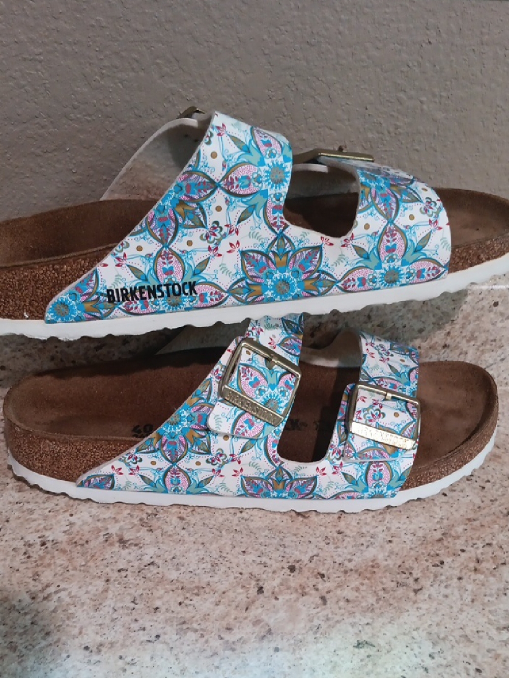 Birkenstock Arizona Floral Boho Print White Teal Sandals W-9 - Picture 7 of 7